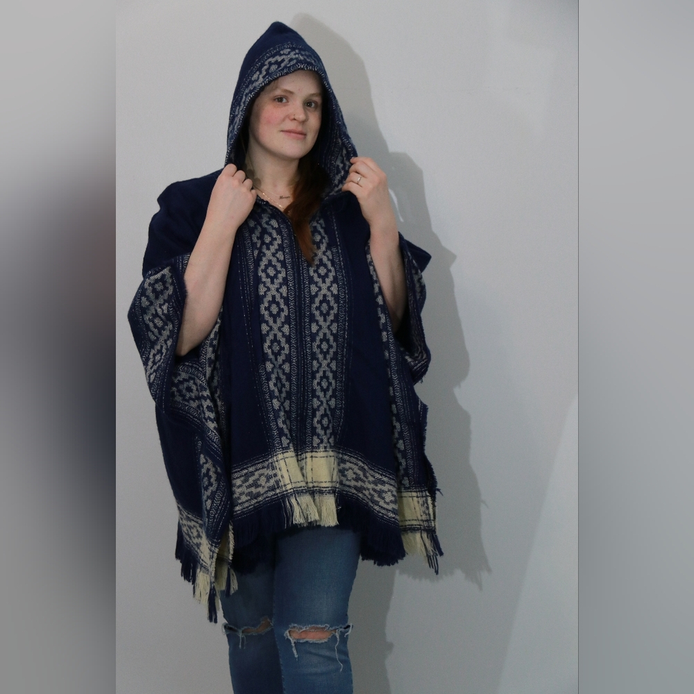 Navy Blue Hooded Poncho with Fringe